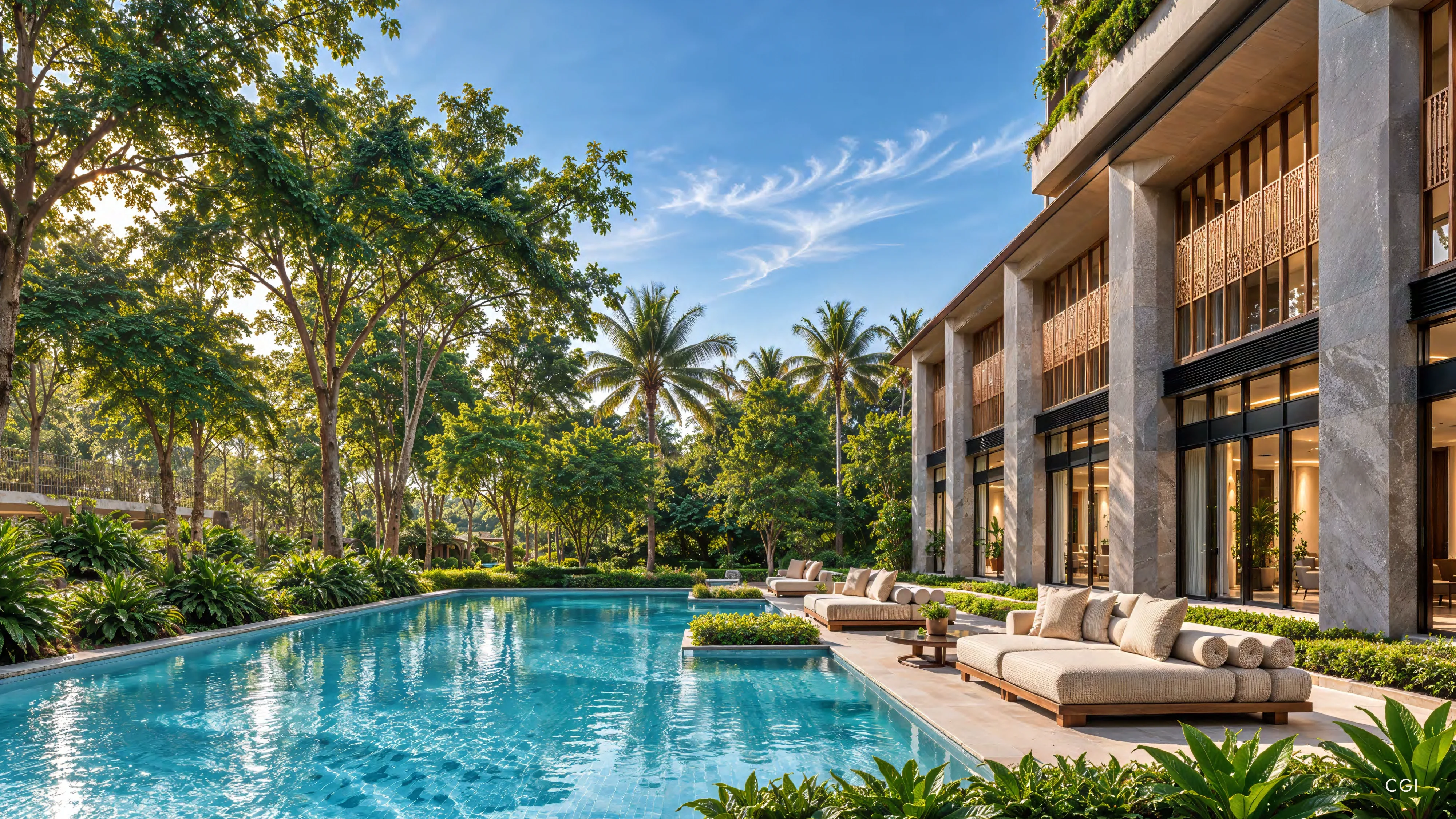 Pool, palms and stone clubhouse tower